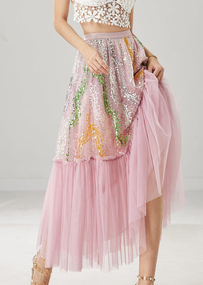 Pink Sequins Patchwork Tulle Skirts Spring