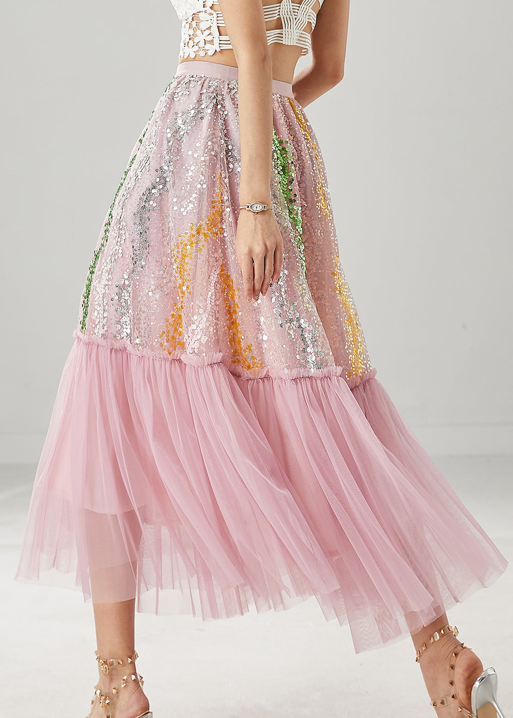 Pink Sequins Patchwork Tulle Skirts Spring