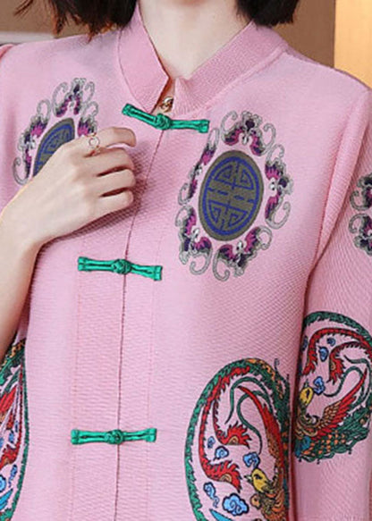 Pink Stand Collar Print Chiffon a Line Dress Half Sleeve