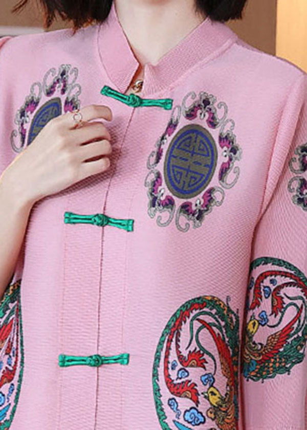 Pink Stand Collar Print Chiffon a Line Dress Half Sleeve