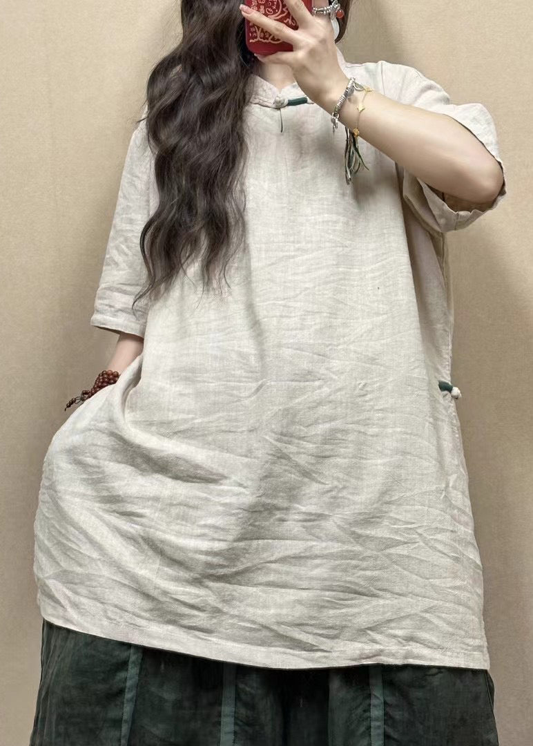 Pink Stand Collar Side Open Linen Blouses Half Sleeve
