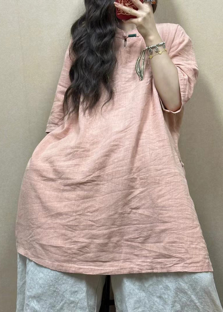 Pink Stand Collar Side Open Linen Blouses Half Sleeve