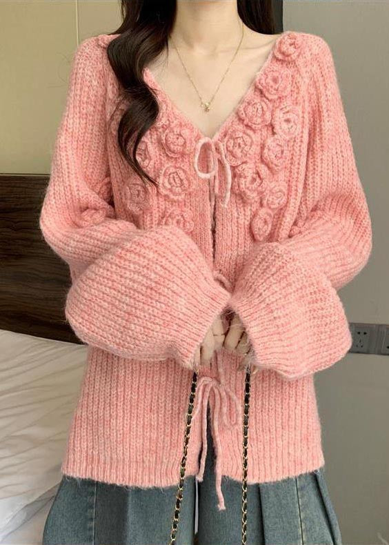 Pink Stereoscopic Thick Knit Cardigan Fall
