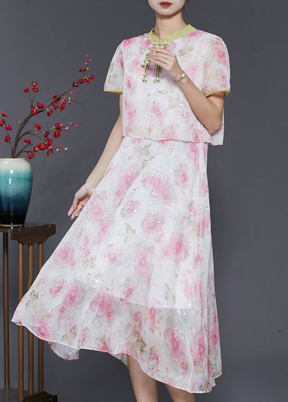 Pink Tasseled Patchwork Print Silk Dress Summer