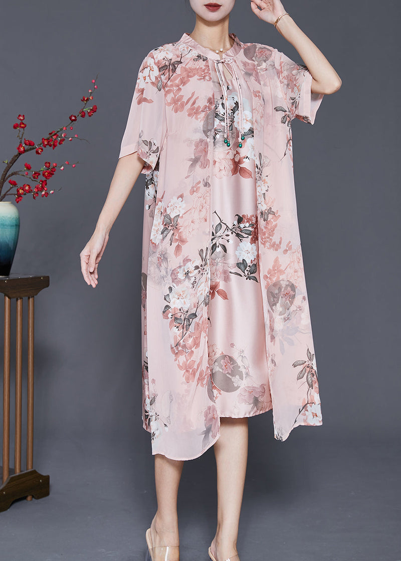 Pink Tasseled Print Silk Maxi Dress Summer
