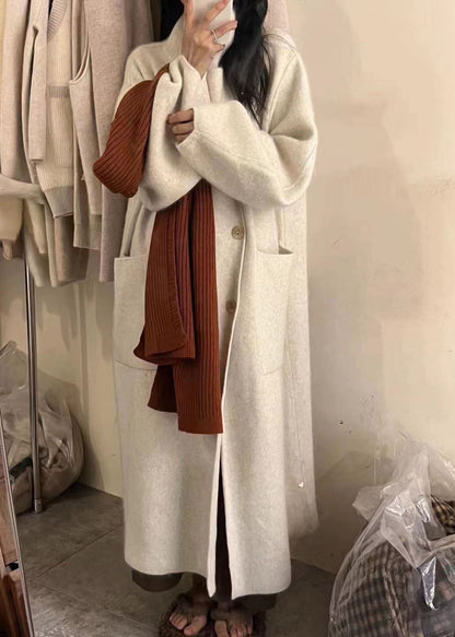 Pink Turtleneck Button Pockets Cotton Knit Long Coats Long Sleeve