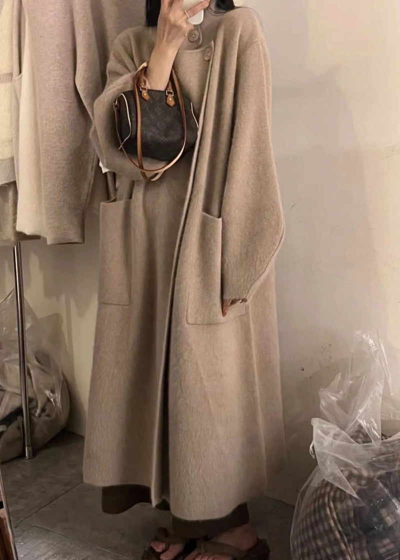 Pink Turtleneck Button Pockets Cotton Knit Long Coats Long Sleeve