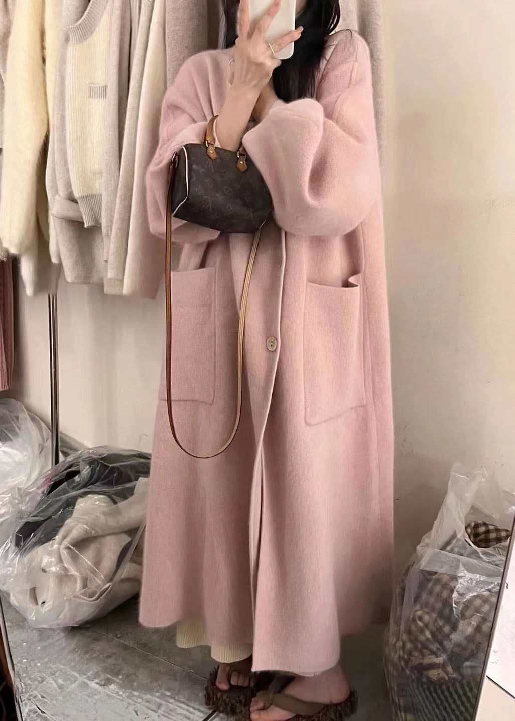 Pink Turtleneck Button Pockets Cotton Knit Long Coats Long Sleeve