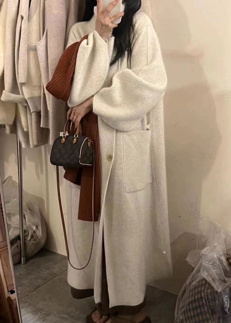 Pink Turtleneck Button Pockets Cotton Knit Long Coats Long Sleeve