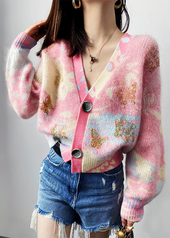 Pink V Neck Button Patchwork Cotton Knit Coats Long Sleeve