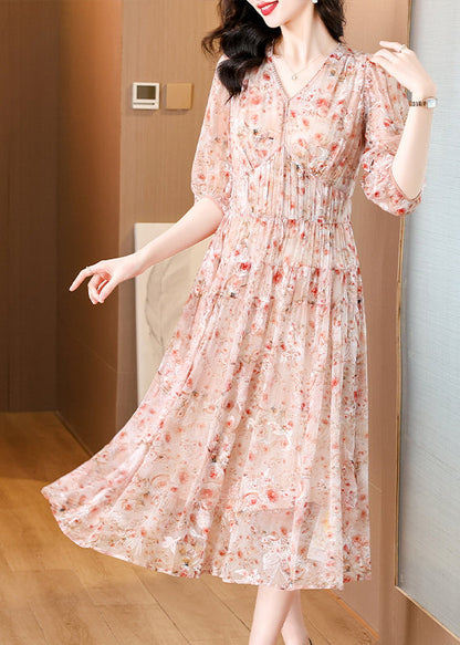 Pink V Neck Embroidered Wrinkled Silk Dress Summer