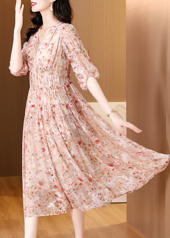 Pink V Neck Embroidered Wrinkled Silk Dress Summer