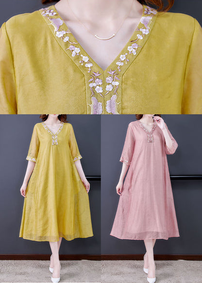 Pink V Neck Embroideried Cotton Vacation Dresses Summer