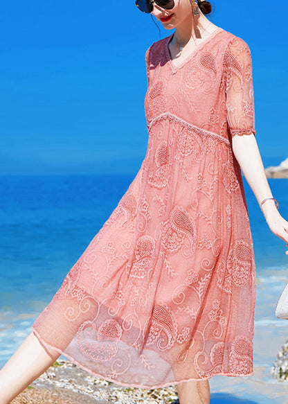 Pink V Neck Embroideried Wrinkled Silk Mid Dress Short Sleeve