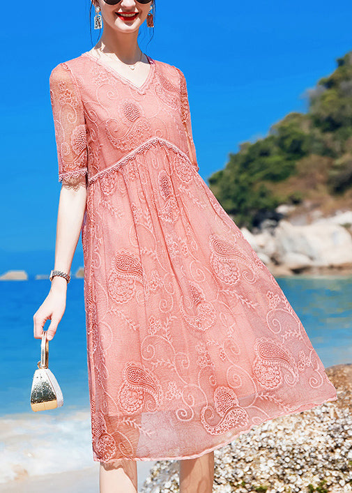 Pink V Neck Embroideried Wrinkled Silk Mid Dress Short Sleeve