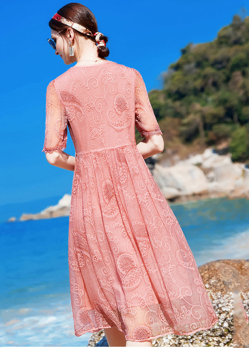 Pink V Neck Embroideried Wrinkled Silk Mid Dress Short Sleeve