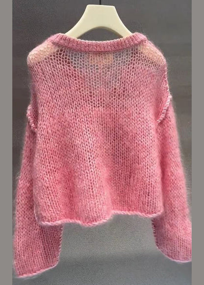 Pink V Neck Hollow Out Cotton Knit Sweaters Fall
