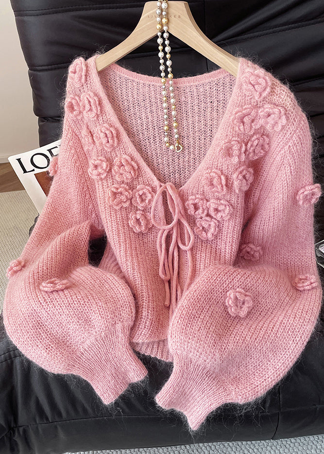 Pink V Neck Stereoscopic Knit Cardigans Fall