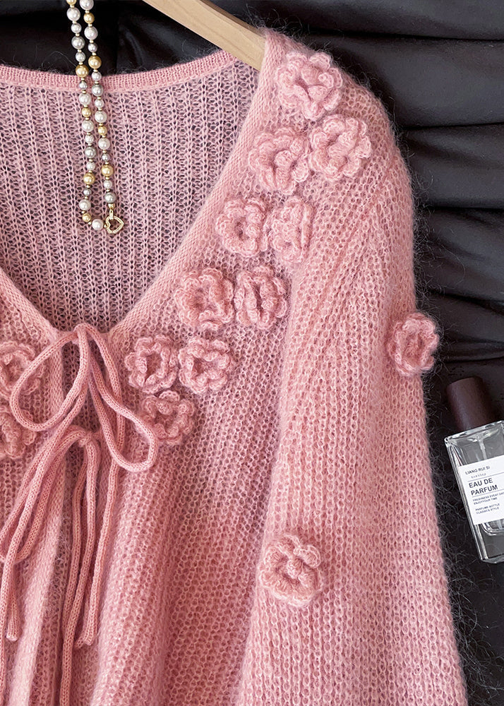 Pink V Neck Stereoscopic Knit Cardigans Fall