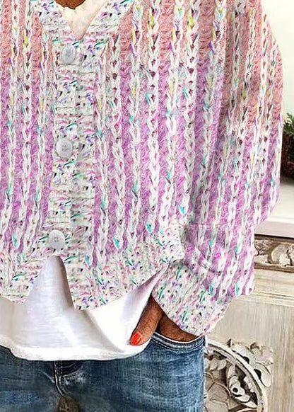 Pink V Neck Striped Cozy Knit Cardigan Spring