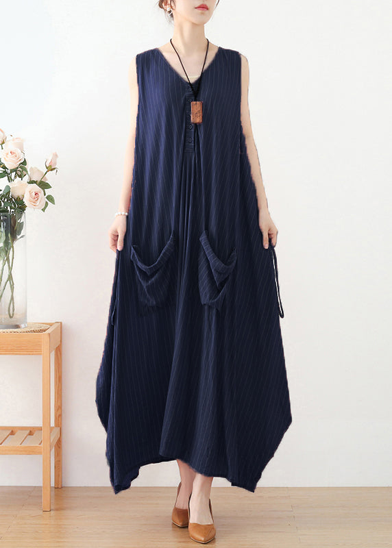Pink V Neck Striped Pockets Linen Vacation Dresses Sleeveless