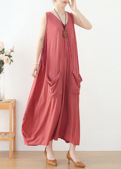 Pink V Neck Striped Pockets Linen Vacation Dresses Sleeveless