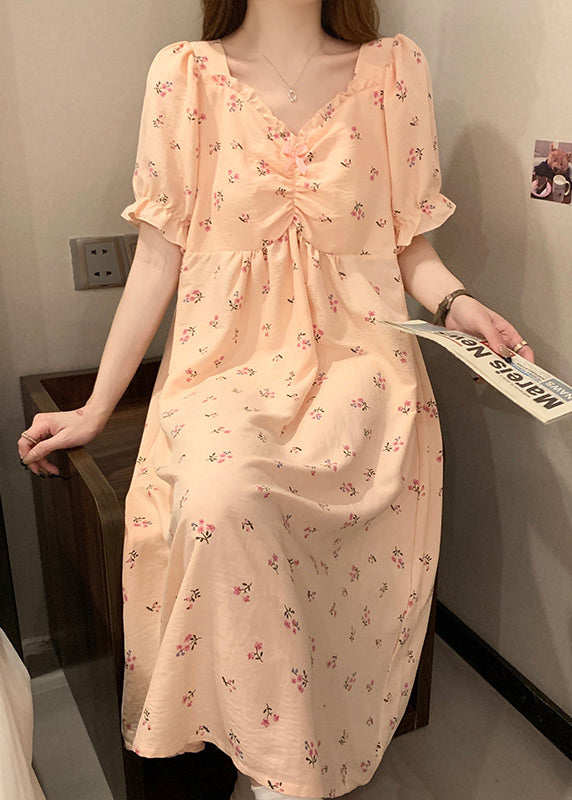 Pink V Neck Wrinkled Print Cotton Pajamas Long Dress Summer
