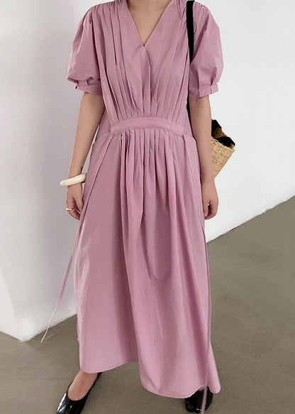 Pink Wrinkled Pockets Tie Waist Cotton Long Dresses Summer
