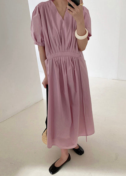 Pink Wrinkled Pockets Tie Waist Cotton Long Dresses Summer