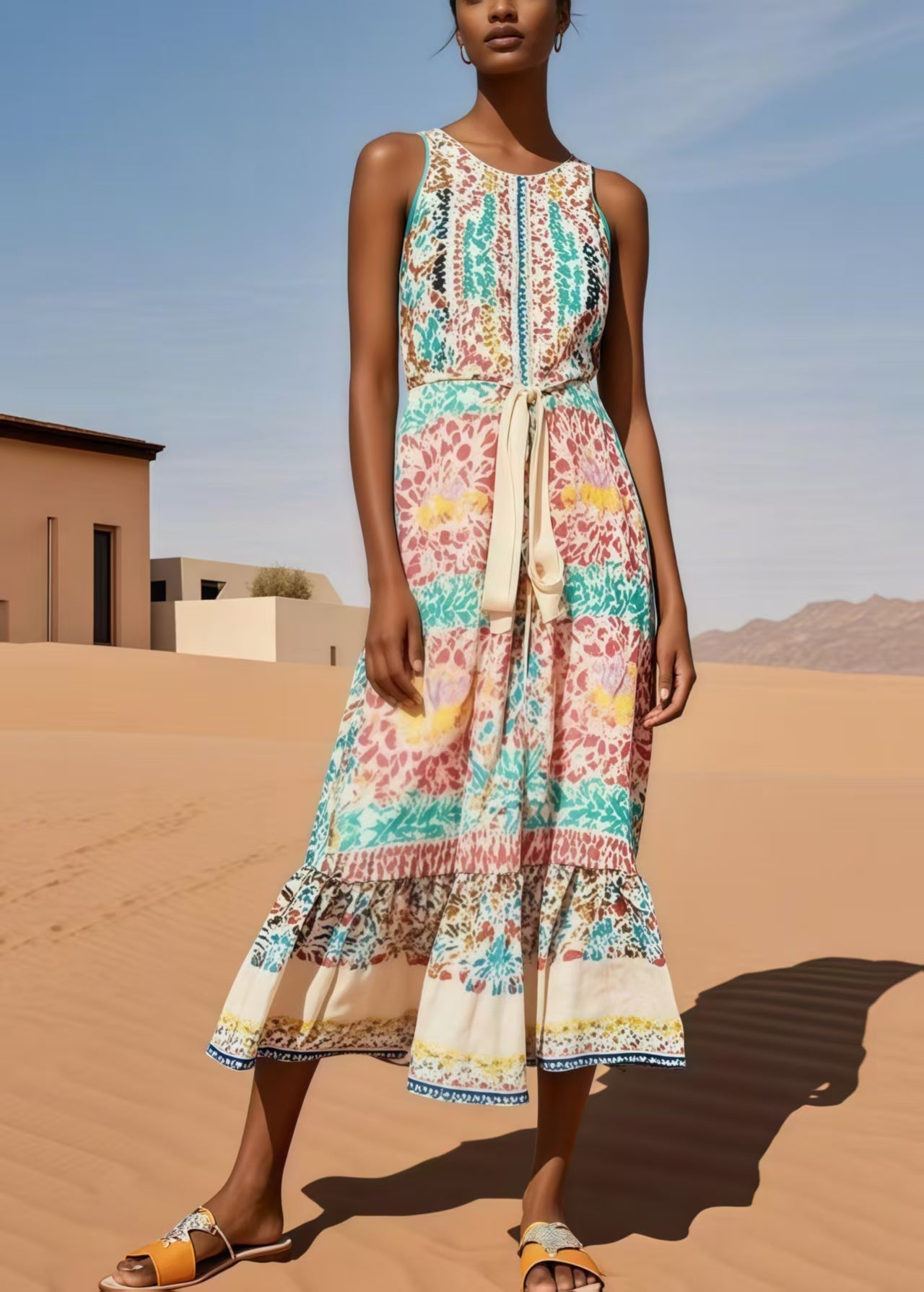 Polychrome Print Cotton Tunic Dresses Sleeveless