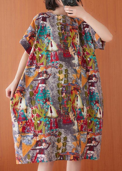 Print O-neck Cotton Linen Party Dress Summer