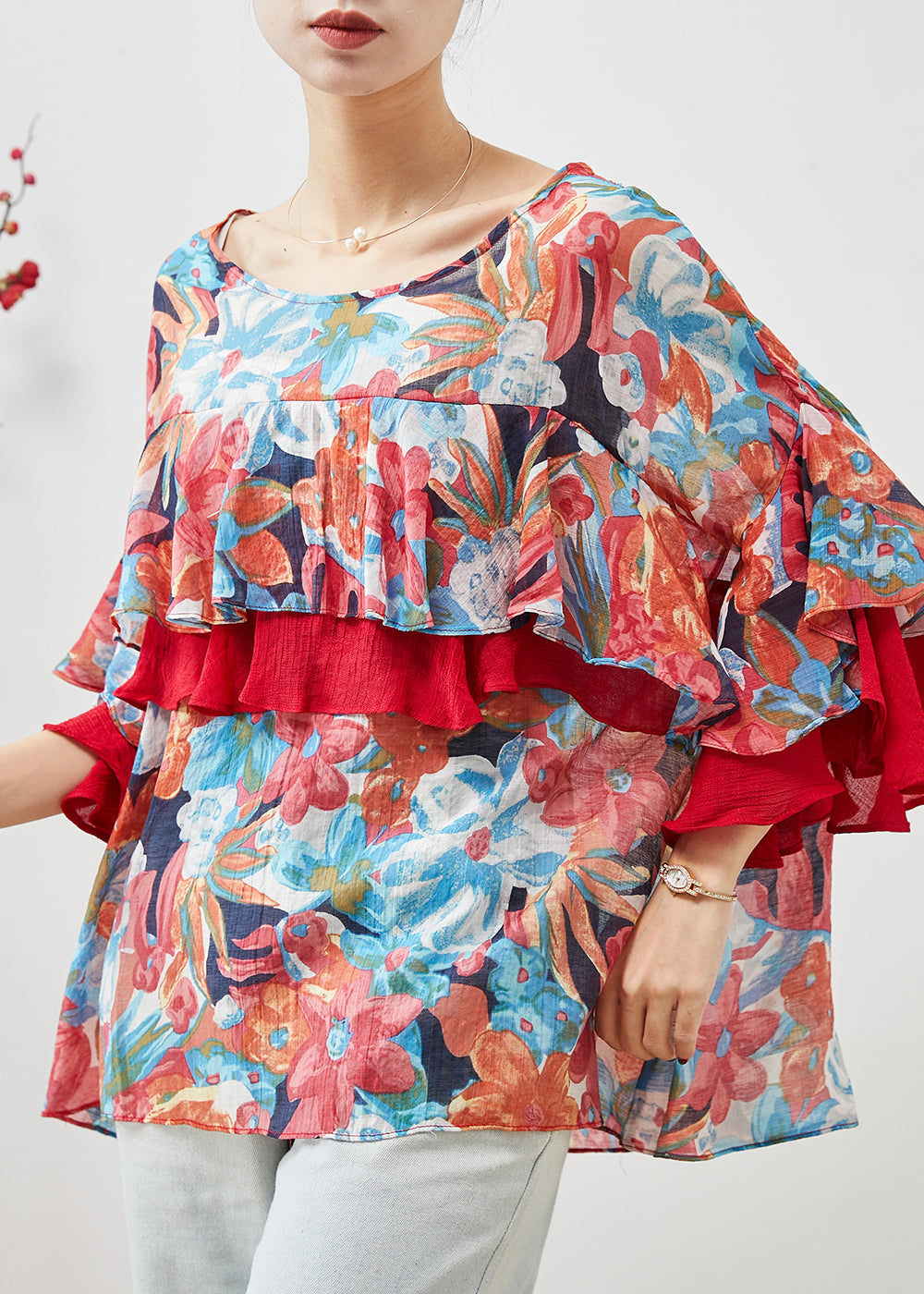 Print Patchwork Ruffles Chiffon Blouses Spring