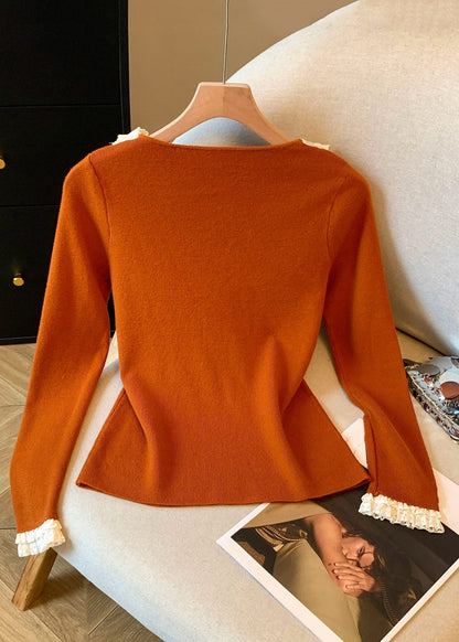Pumpkin Color V Neck Ruffled Patchwork Knitting Cotton T Shirt Fall