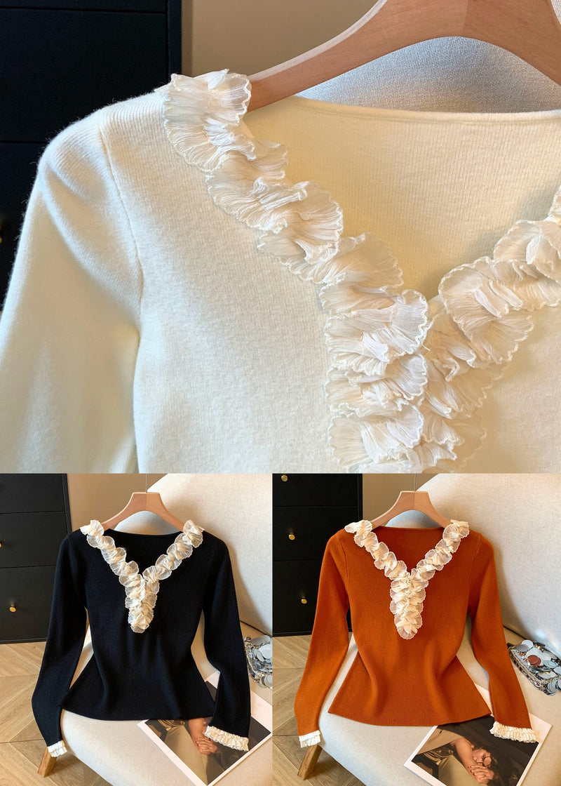 Pumpkin Color V Neck Ruffled Patchwork Knitting Cotton T Shirt Fall