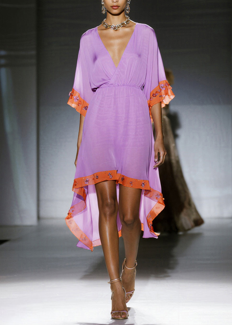 Purple Asymmetrical Patchwork Chiffon Dress Summer