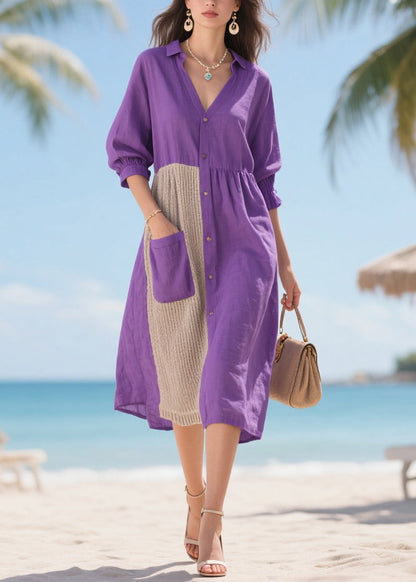 Purple Asymmetrical Patchwork Cotton Dresses Summer