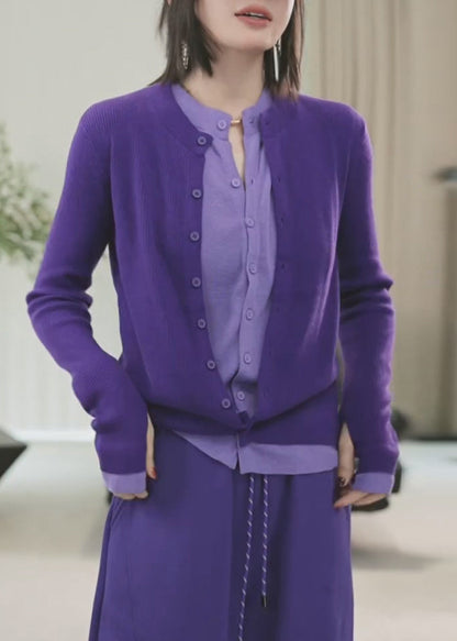 Purple Button Patchwork False Two Pieces Knit Sweaters Winte