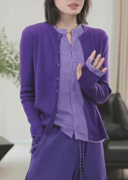Purple Button Patchwork False Two Pieces Knit Sweaters Winte