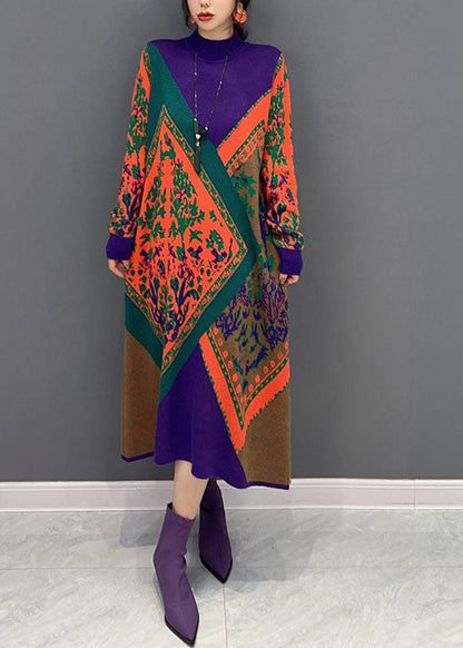 Purple Hign Neck Oversized Print Knit Sweater Dress Winter