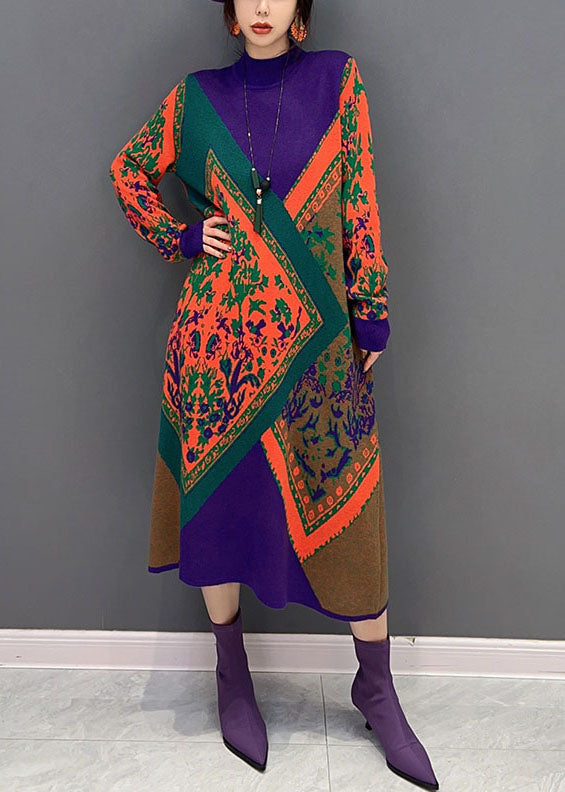 Purple Hign Neck Oversized Print Knit Sweater Dress Winter