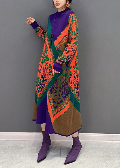 Purple Hign Neck Oversized Print Knit Sweater Dress Winter
