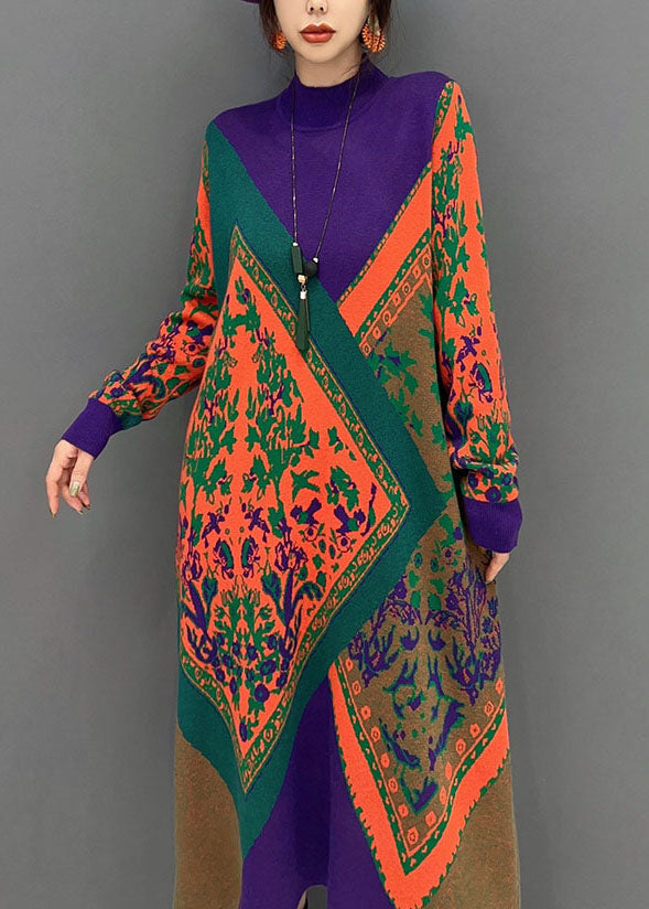 Purple Hign Neck Oversized Print Knit Sweater Dress Winter