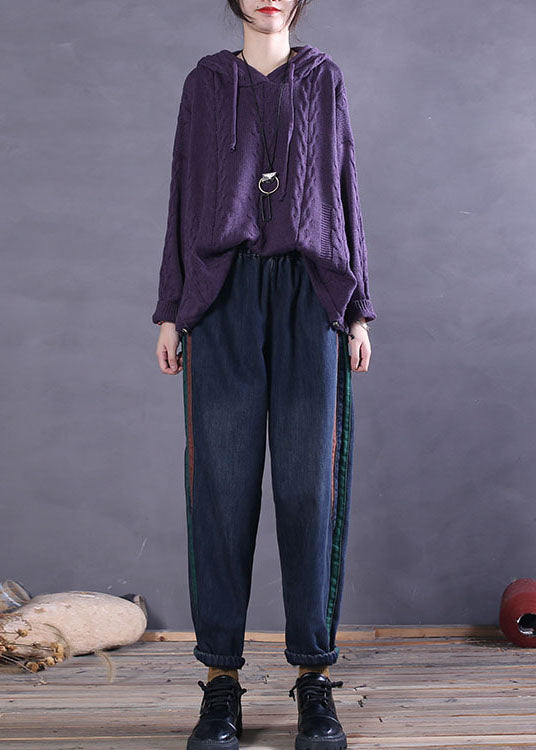 Purple Hooded Drawstring Knit Sweater Tops Spring