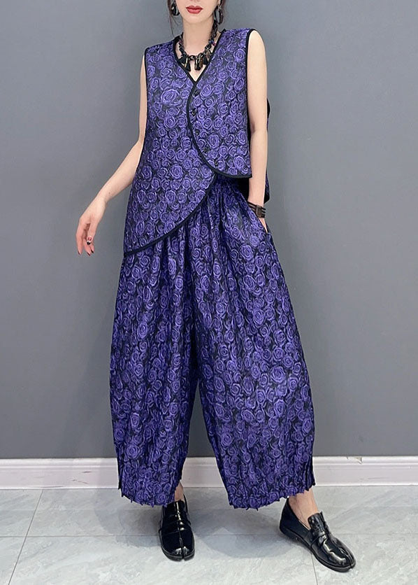 Purple Jacquard Vest and Pants Cotton Two Piece Set Summer