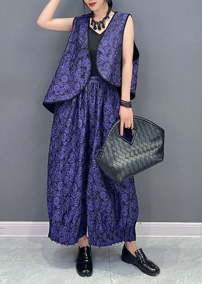 Purple Jacquard Vest and Pants Cotton Two Piece Set Summer