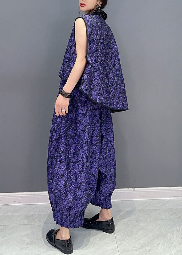 Purple Jacquard Vest and Pants Cotton Two Piece Set Summer