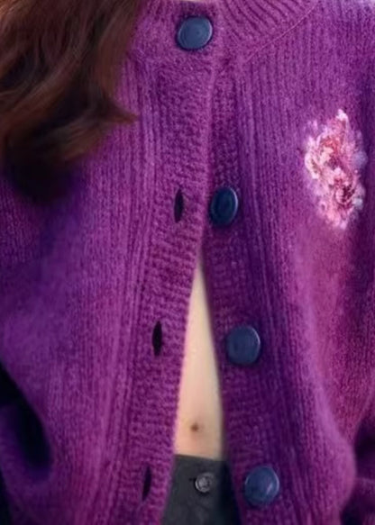 Purple O Neck Button Cozy Knit Cardigan Spring