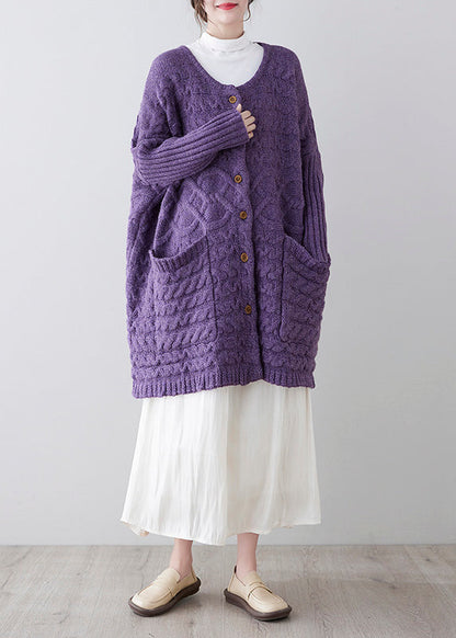 Purple O-neck Button Knit Loose Knit Cardigans Spring
