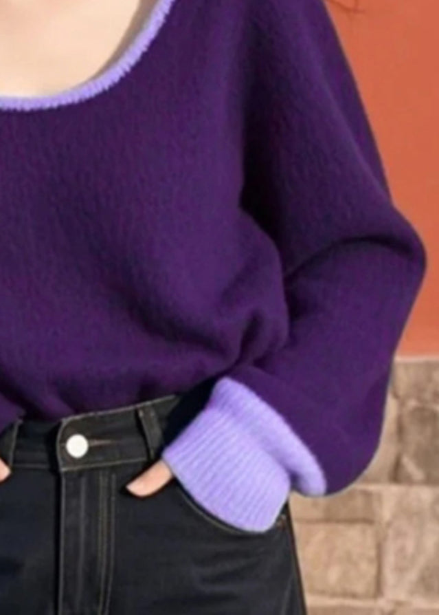 Purple O Neck Cozy Patchwork Knit Sweater Spring