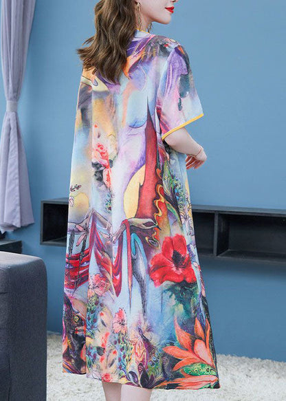 Purple O Neck Print Patchwork Chiffon Dress Summer